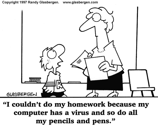 cartoon No homework done because pencil had virus