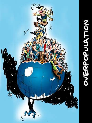 cartoon Human Overpopulation hanging on globe